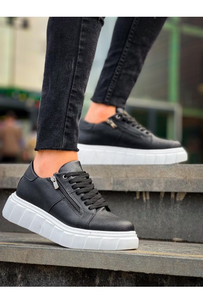 KB-X155 Kuback Siyah Cilt Detaylı Beyaz Yüksek Taban Günlük Spor Ayakkabı
