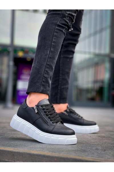 KB-X155 Kuback Siyah Cilt Detaylı Beyaz Yüksek Taban Günlük Spor Ayakkabı