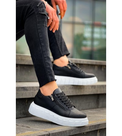 KB-X155 Kuback Siyah Cilt Detaylı Beyaz Yüksek Taban Günlük Spor Ayakkabı