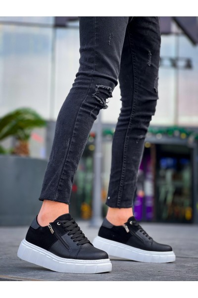 KB-X155 Kuback Siyah Cilt Siyah Süet Detaylı Beyaz Yüksek Taban Günlük Spor Ayakkabı