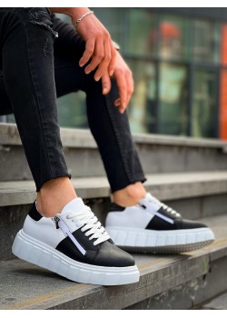 KB-X155 Kuback Siyah Cilt Beyaz Cilt Detaylı Beyaz Yüksek Taban Günlük Spor Ayakkabı