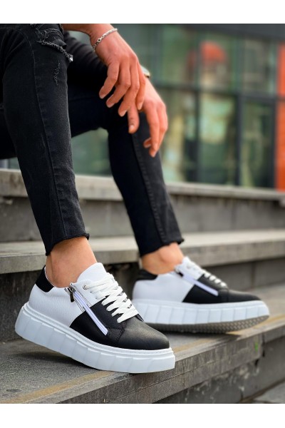 KB-X155 Kuback Siyah Cilt Beyaz Cilt Detaylı Beyaz Yüksek Taban Günlük Spor Ayakkabı