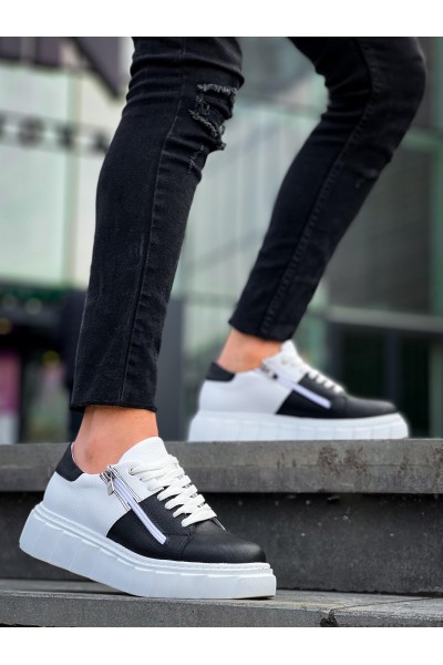 KB-X155 Kuback Siyah Cilt Beyaz Cilt Detaylı Beyaz Yüksek Taban Günlük Spor Ayakkabı