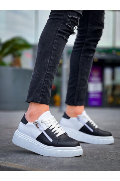 KB-X155 Kuback Siyah Cilt Beyaz Cilt Detaylı Beyaz Yüksek Taban Günlük Spor Ayakkabı