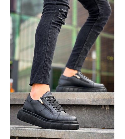 KB-X155 Kuback Siyah Cilt Detaylı Siyah Yüksek Taban Günlük Spor Ayakkabı