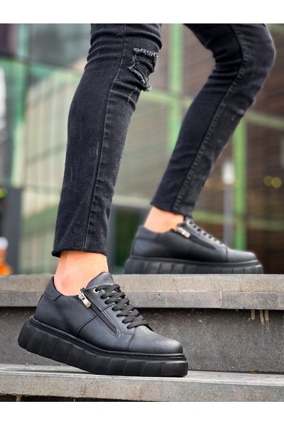 KB-X155 Kuback Siyah Cilt Detaylı Siyah Yüksek Taban Günlük Spor Ayakkabı