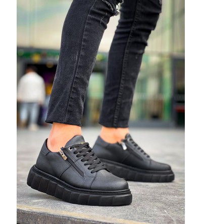 KB-X155 Kuback Siyah Cilt Detaylı Siyah Yüksek Taban Günlük Spor Ayakkabı