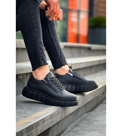 KB-X155 Kuback Siyah Cilt Detaylı Siyah Yüksek Taban Günlük Spor Ayakkabı