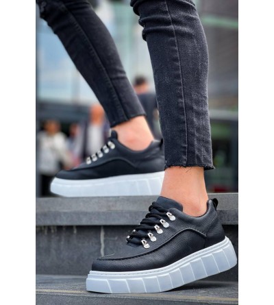 KB-X10 Kuback Siyah Cilt  Beyaz Yüksek Taban Günlük Spor Ayakkabı