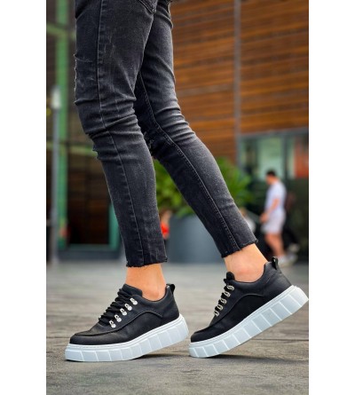 KB-X10 Kuback Siyah Cilt  Beyaz Yüksek Taban Günlük Spor Ayakkabı