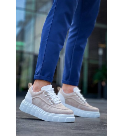 KB-X10 Kuback Bej Süet Beyaz Yüksek Taban Günlük Spor Ayakkabı