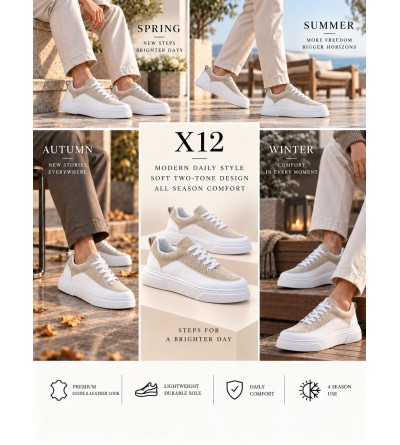 KB-X12 Kuback Beyaz Bej Cilt Günlük Erkek Ayakkabı