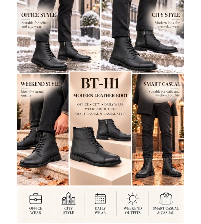 BayTuluk BT-H1 Siyah Hakiki Deri Fermuarlı Günlük Erkek Bot