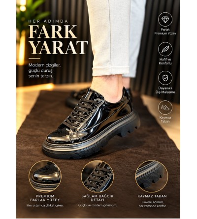 BayTuluk BT-X24 Siyah Rugan Vegan Deri Siyah Yüksek Taban Erkek Günlük Spor Ayakkabı