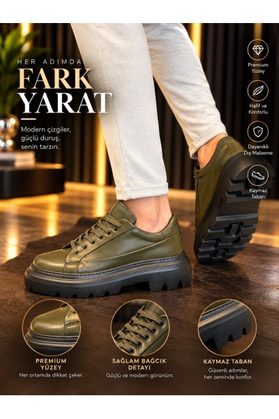 BayTuluk BT-X24 Haki Vegan Deri Siyah Yüksek Taban Erkek Günlük Spor Ayakkabı