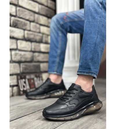 BA0324 İçi Dışı Hakiki Deri Rahat Taban Siyah Sneakers Casual Erkek Ayakkabı