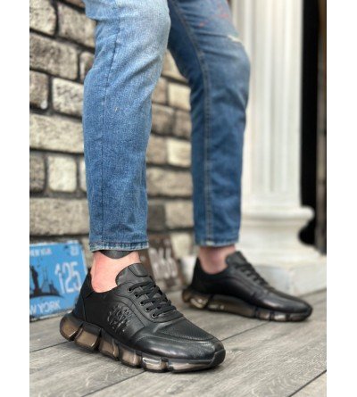 BA0338 İçi Dışı Hakiki Deri Rahat Taban Siyah Sneakers Casual Erkek Ayakkabı