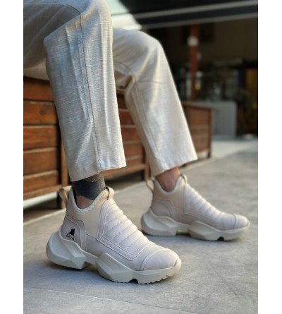 BA0401 Bağcıksız Rahat Yüksek Taban Krem Erkek Spor Yarım Bilek Bot