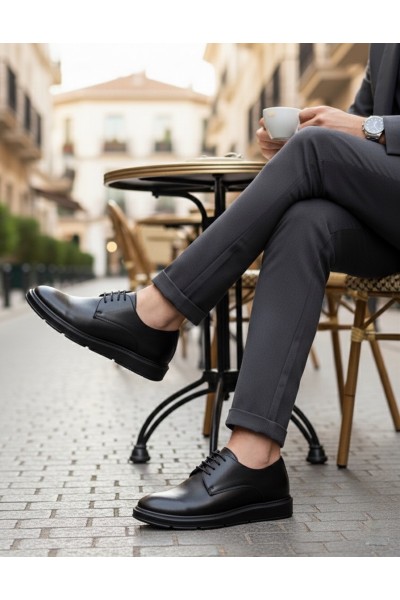 BA0003 Bağcıklı Klasik Siyah Yüksek Siyah Taban Casual Erkek Ayakkabı