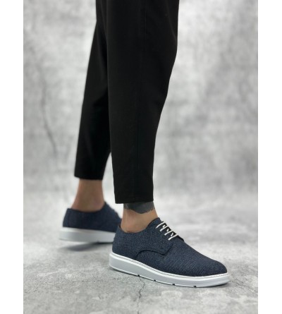 BA0003 Bağcıklı Klasik Spor Keten Lacivert  Beyaz Taban Casual Erkek Ayakkabı