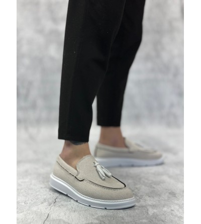 BA0005 Bağcıksız Yüksek Taban Klasik Keten Beyaz Püsküllü Erkek Ayakkabı