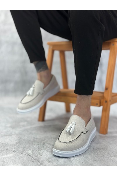 BA0005 Bağcıksız Yüksek Taban Klasik Keten Beyaz Püsküllü Erkek Ayakkabı
