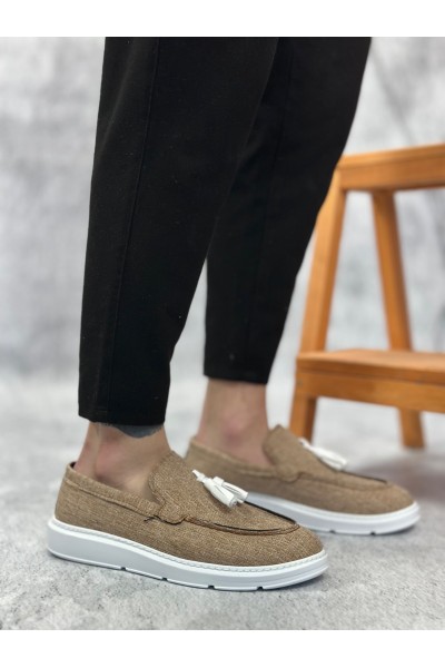 BA0005 Bağcıksız Yüksek Taban Klasik Keten Hardal Püsküllü Erkek Ayakkabı