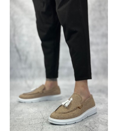 BA0005 Bağcıksız Yüksek Taban Klasik Keten Hardal Püsküllü Erkek Ayakkabı