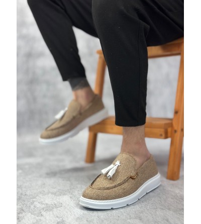 BA0005 Bağcıksız Yüksek Taban Klasik Keten Hardal Püsküllü Erkek Ayakkabı