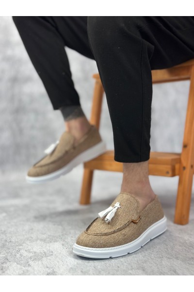 BA0005 Bağcıksız Yüksek Taban Klasik Keten Hardal Püsküllü Erkek Ayakkabı