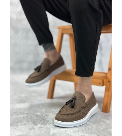 BA0005 Bağcıksız Yüksek Taban Klasik Keten Kahverengi Püsküllü Erkek Ayakkabı