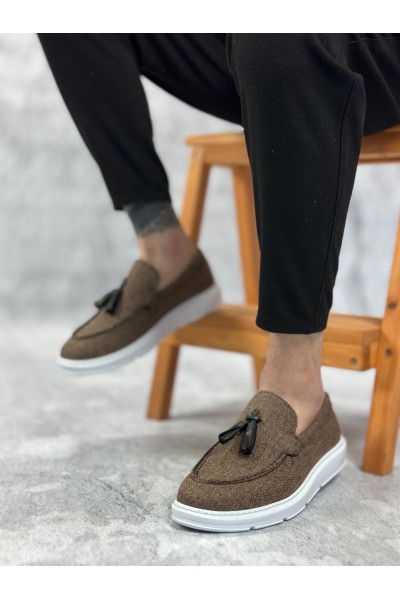 BA0005 Bağcıksız Yüksek Taban Klasik Keten Kahverengi Püsküllü Erkek Ayakkabı