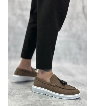 BA0005 Bağcıksız Yüksek Taban Klasik Keten Kahverengi Püsküllü Erkek Ayakkabı