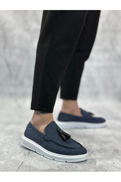 BA0005 Bağcıksız Yüksek Taban Klasik Keten Lacivert Püsküllü Erkek Ayakkabı