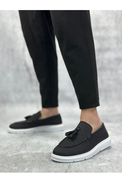 BA0005 Bağcıksız Yüksek Taban Klasik Keten Siyah Püsküllü Erkek Ayakkabı
