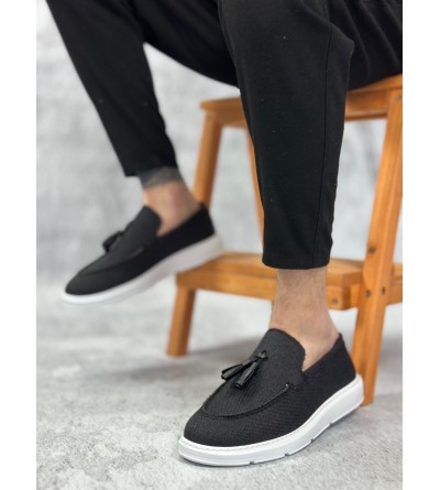 BA0005 Bağcıksız Yüksek Taban Klasik Keten Siyah Püsküllü Erkek Ayakkabı