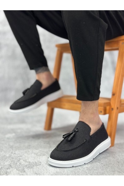 BA0005 Bağcıksız Yüksek Taban Klasik Keten Siyah Püsküllü Erkek Ayakkabı