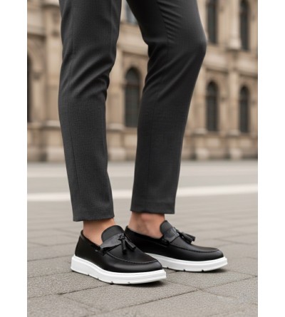 BA0005 Bağcıksız Yüksek Taban Klasik Püsküllü Corcik Erkek Ayakkabı Siyah Beyaz