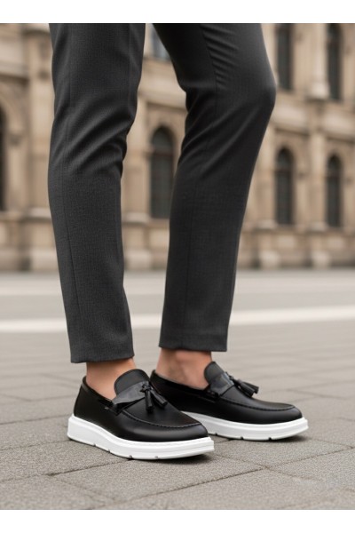 BA0005 Bağcıksız Yüksek Taban Klasik Püsküllü Corcik Erkek Ayakkabı Siyah Beyaz