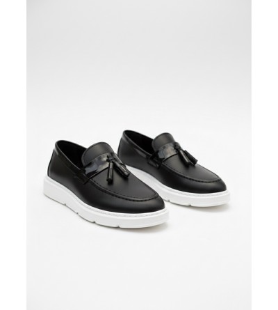 BA0005 Bağcıksız Yüksek Taban Klasik Püsküllü Corcik Erkek Ayakkabı Siyah Beyaz