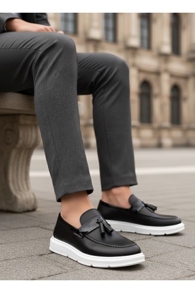 BA0005 Bağcıksız Yüksek Taban Klasik Püsküllü Corcik Erkek Ayakkabı Siyah Beyaz