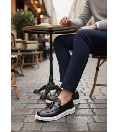 BA0005 Bağcıksız Yüksek Taban Klasik Püsküllü Corcik Erkek Ayakkabı Siyah Beyaz