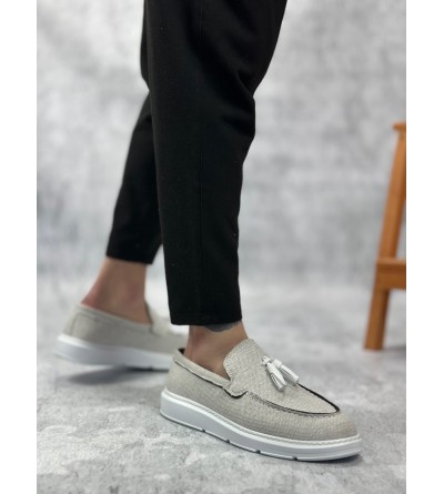 BA0005 Bağcıksız Yüksek Taban Klasik Yeni Keten Gri Püsküllü Erkek Ayakkabı