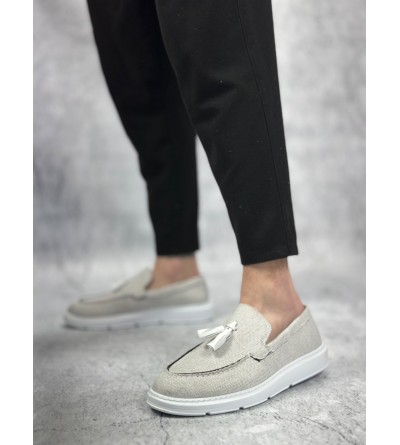 BA0005 Bağcıksız Yüksek Taban Klasik Yeni Keten Gri Püsküllü Erkek Ayakkabı