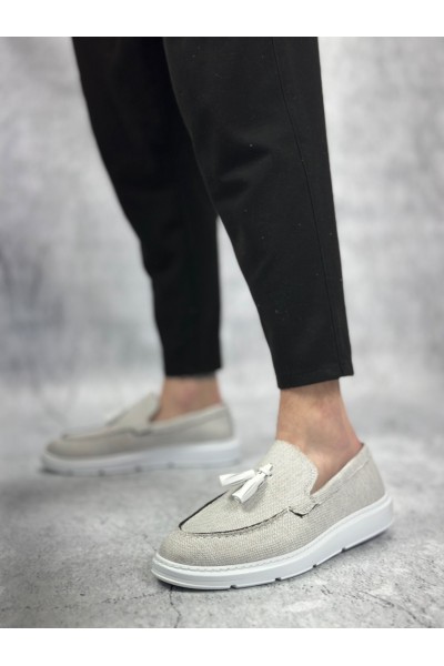 BA0005 Bağcıksız Yüksek Taban Klasik Yeni Keten Gri Püsküllü Erkek Ayakkabı