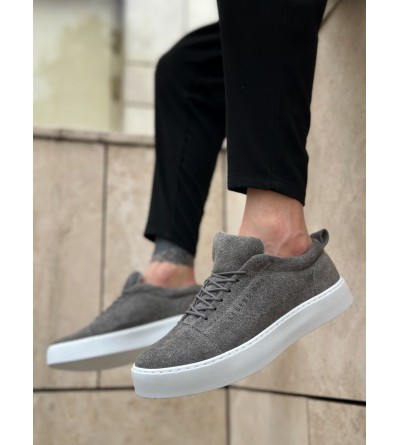 BA0104 Bağcıklı Gri Süet Beyaz Taban Spor Klasik Erkek Ayakkabı