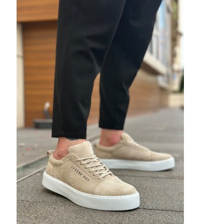 BA0104 Bağcıklı Krem Süet Beyaz Taban Spor Klasik Erkek Ayakkabı