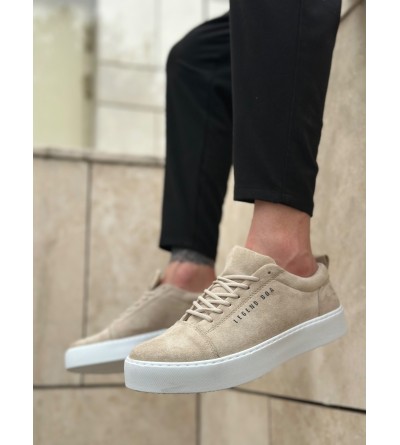 BA0104 Bağcıklı Krem Süet Beyaz Taban Spor Klasik Erkek Ayakkabı