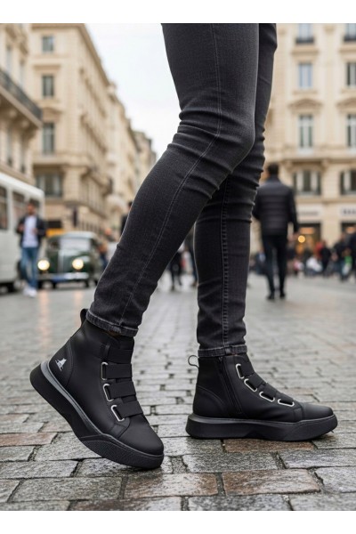 BA0142 Bantlı Erkek Yüksek Taban Siyah Tabanlı Spor Bot