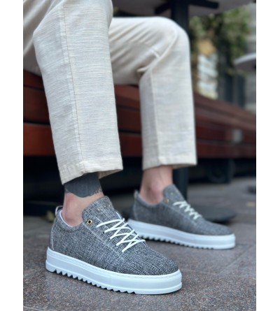 BA0152 Bağcıklı Yüksek Taban Gri Kırçıllı Keten Erkek Ayakkabı